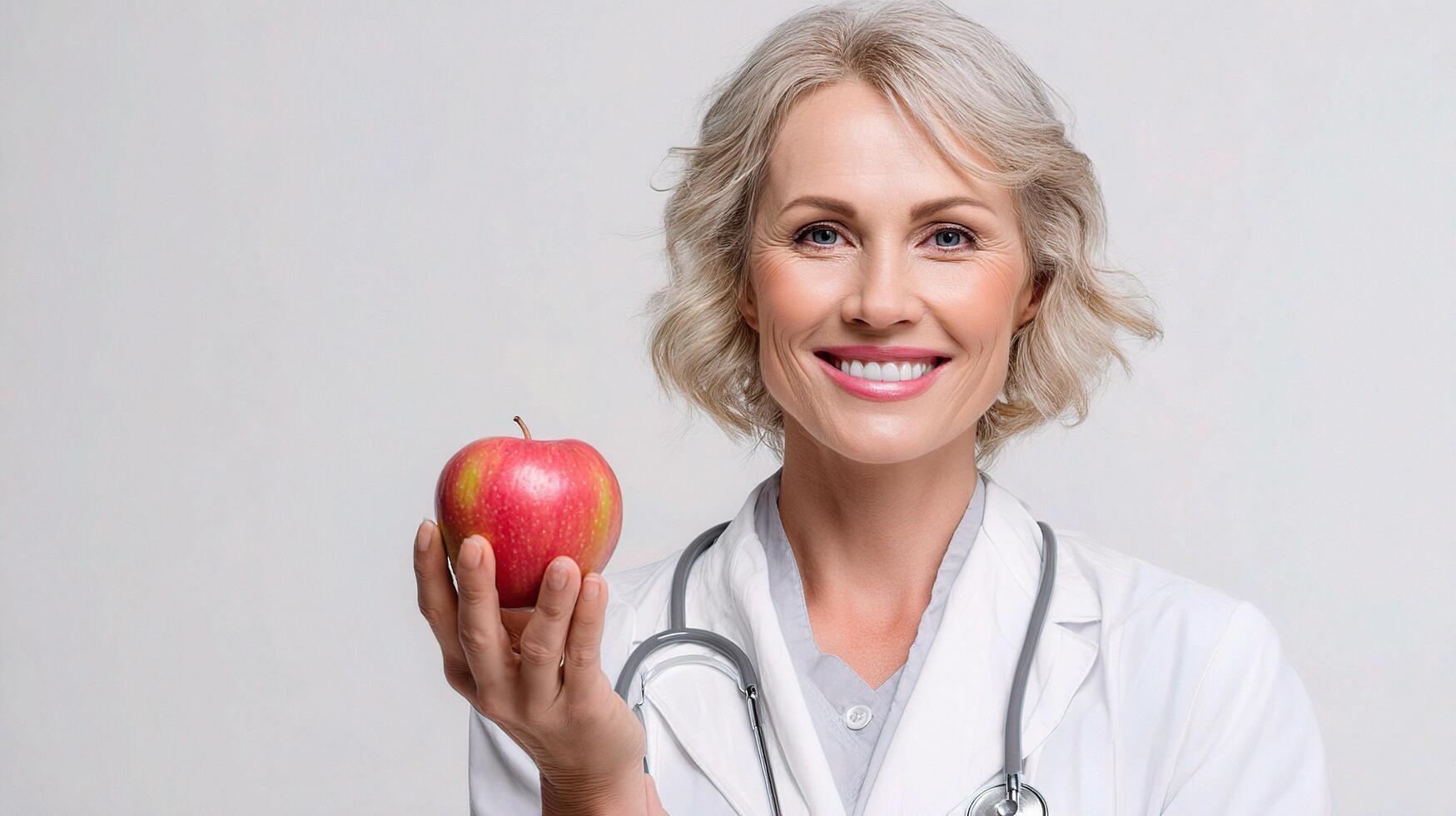 A woman in a doctor's coat holding an apple photo