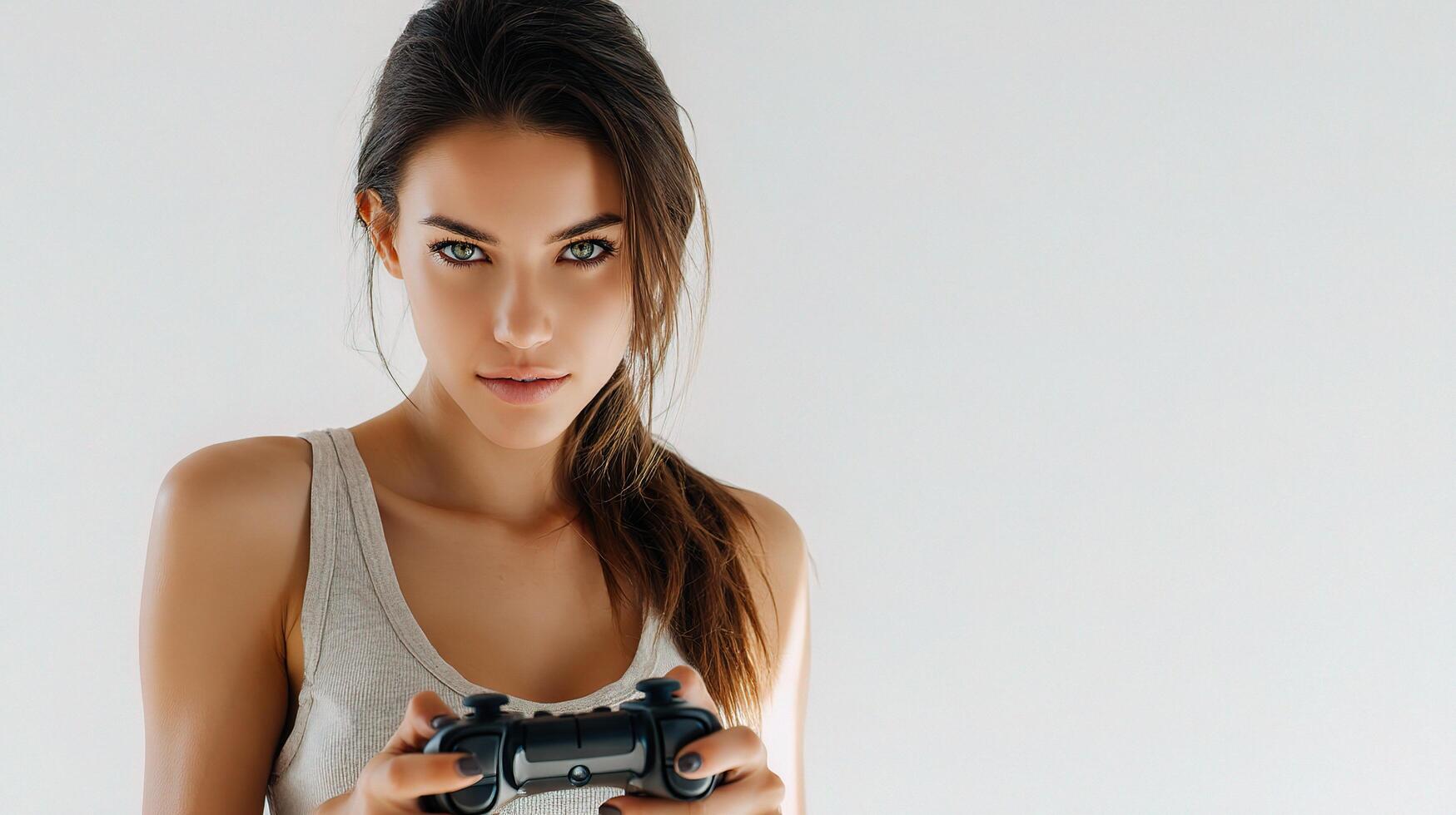 A woman holding a game controller photo