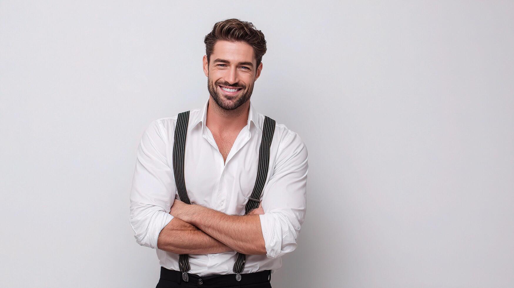 A man with a beard and suspenders standing in front of a white background photo