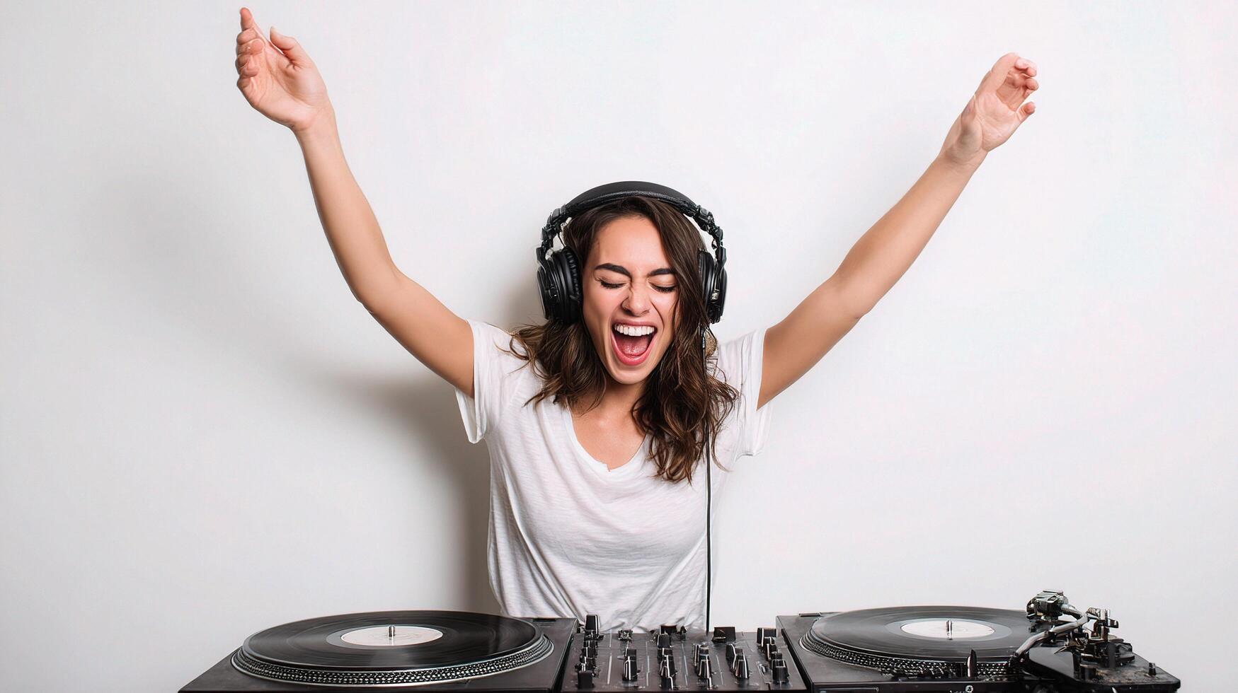 A woman with headphones on playing music photo