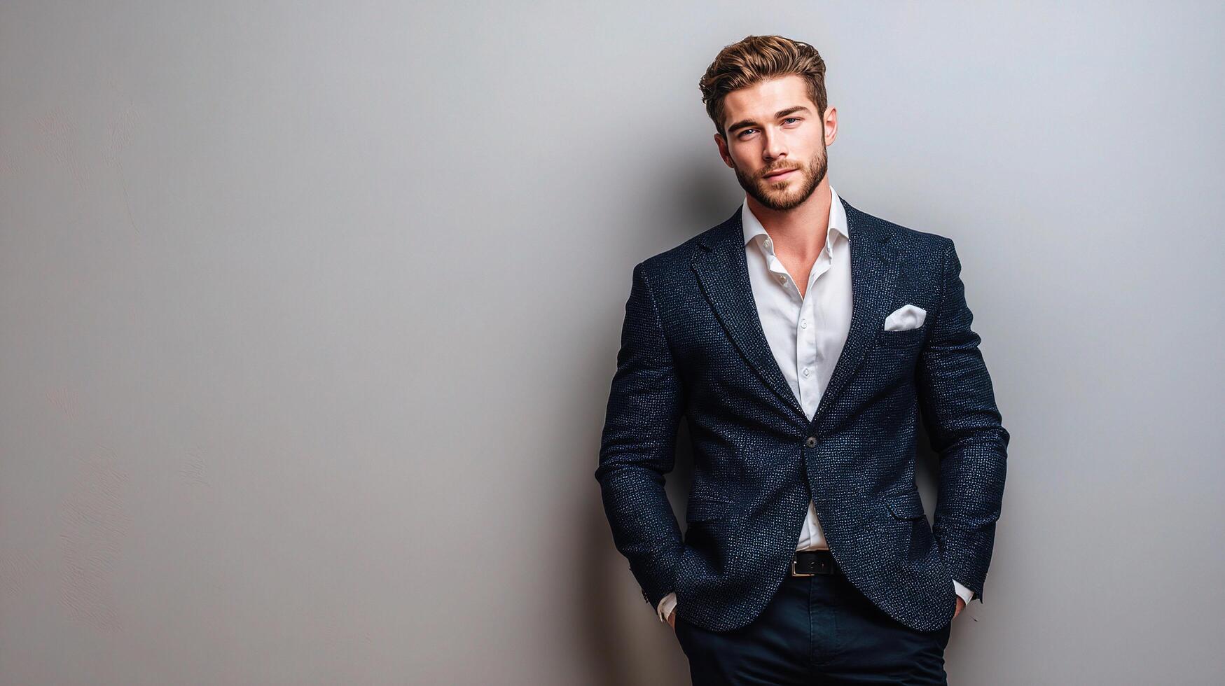 A man in a suit standing against a gray background photo