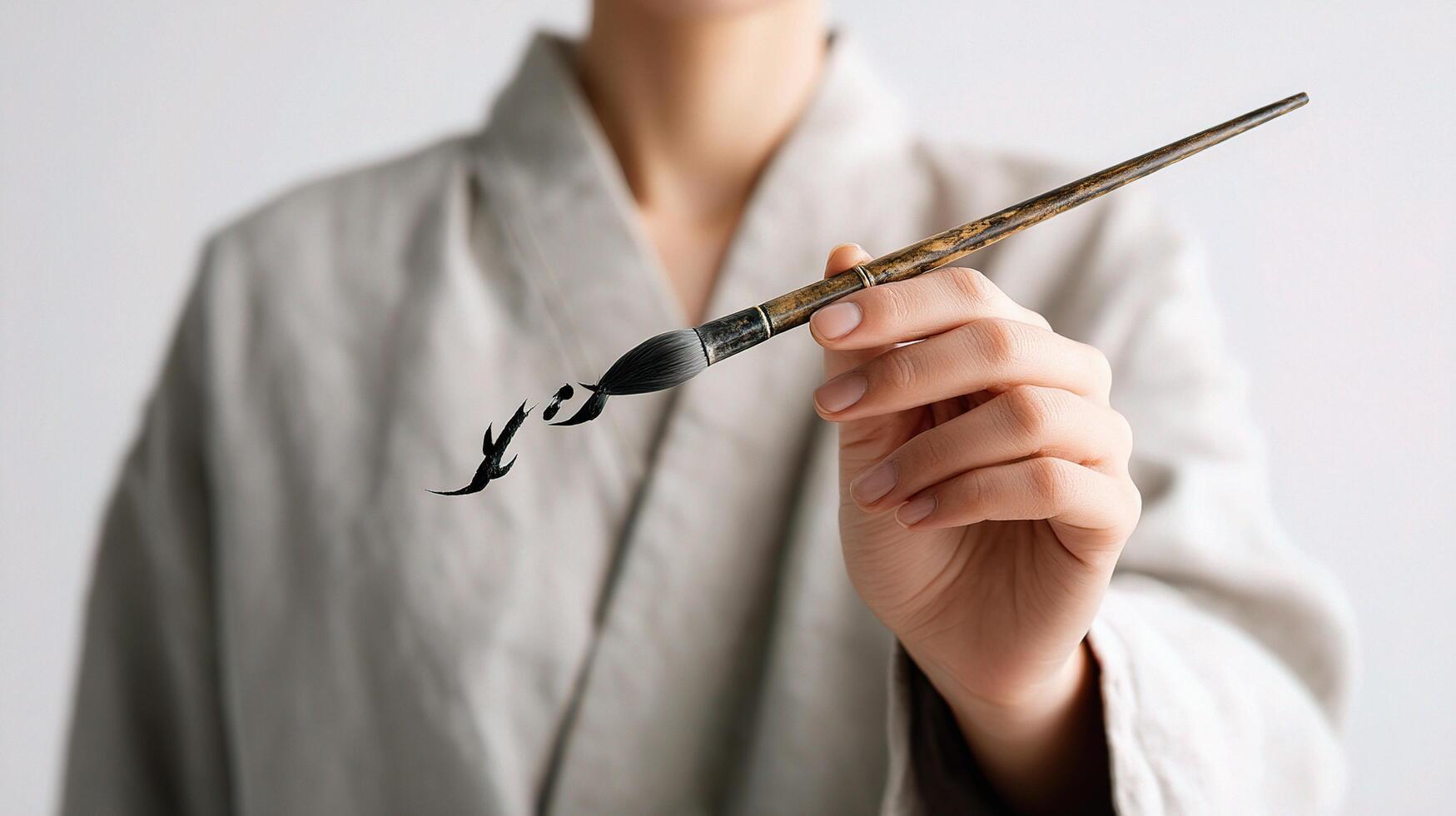 A woman holding a brush and writing a word photo