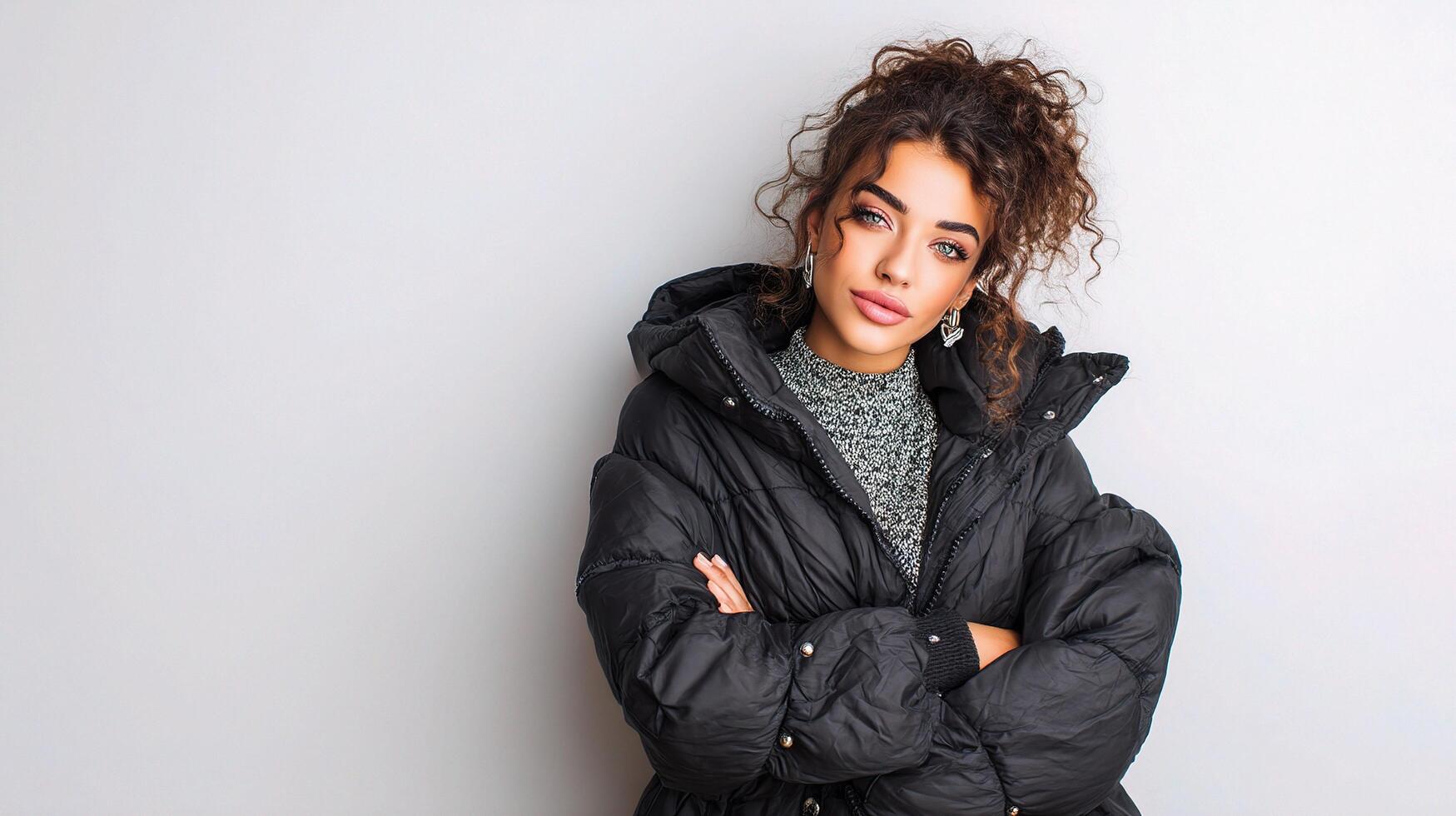 A woman in a black coat and sweater posing photo