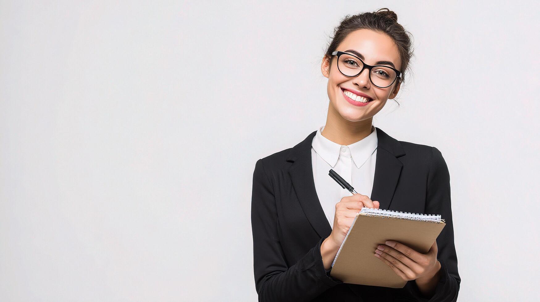 A woman in a suit and glasses is holding a notepad photo