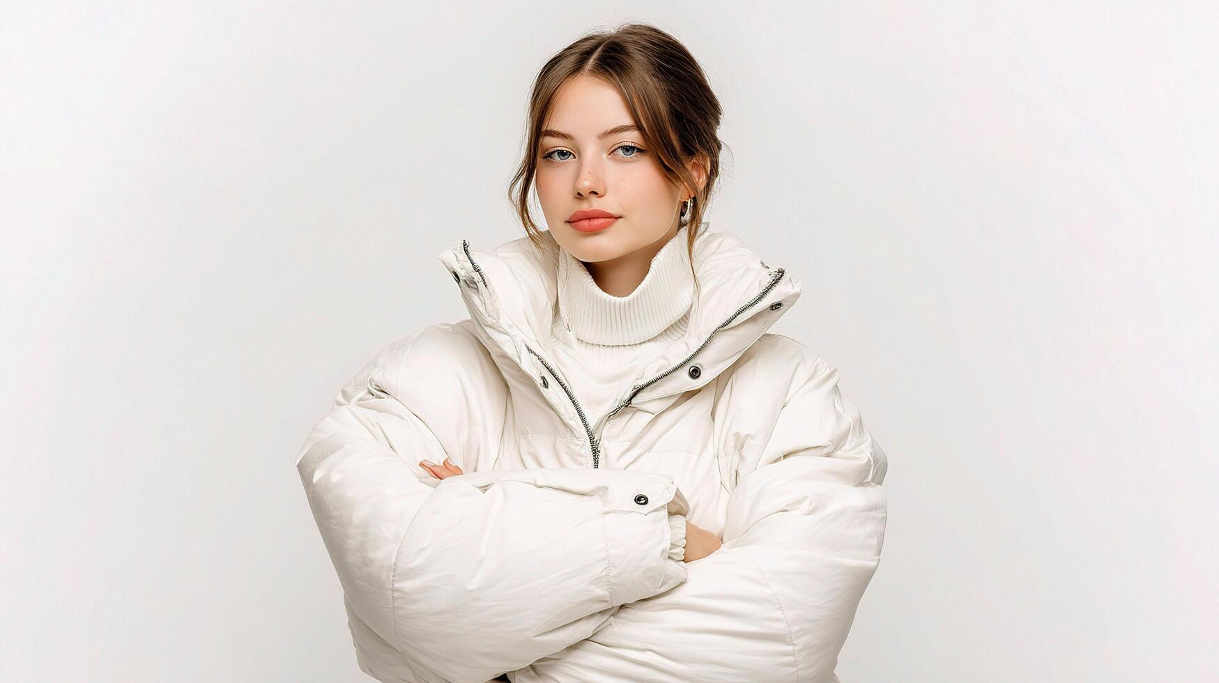 A woman in a white coat and a turtle neck photo