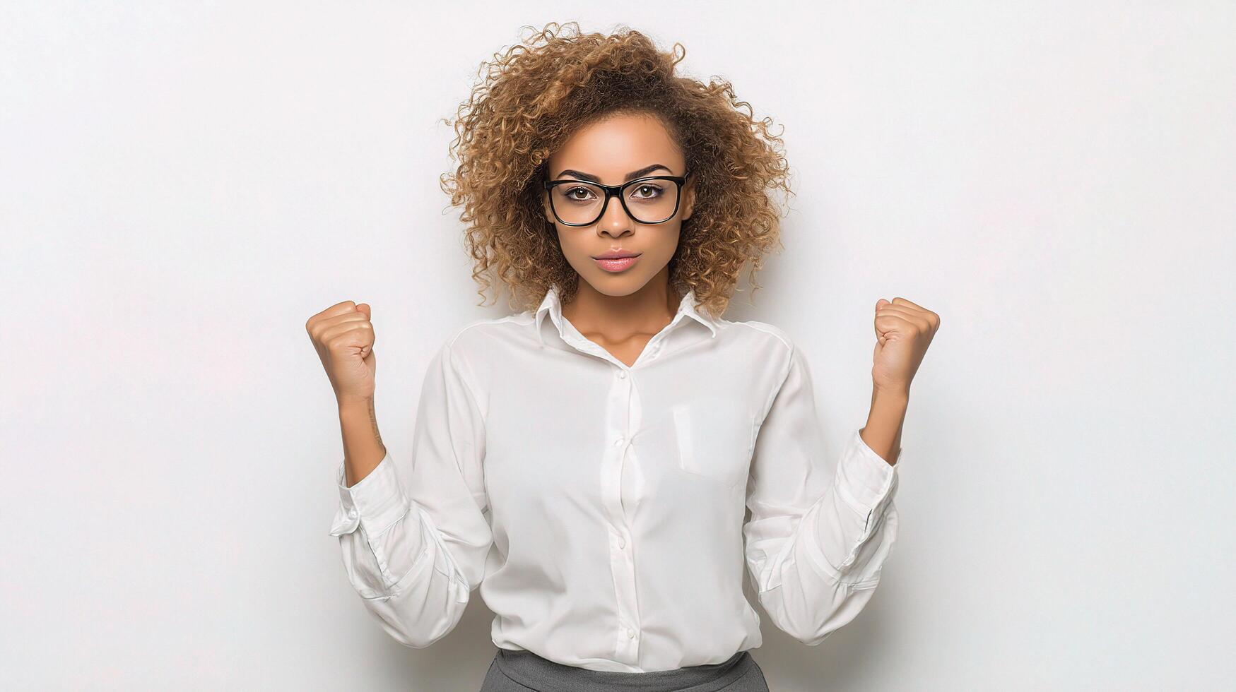 A woman with glasses and a shirt is raising her arms photo