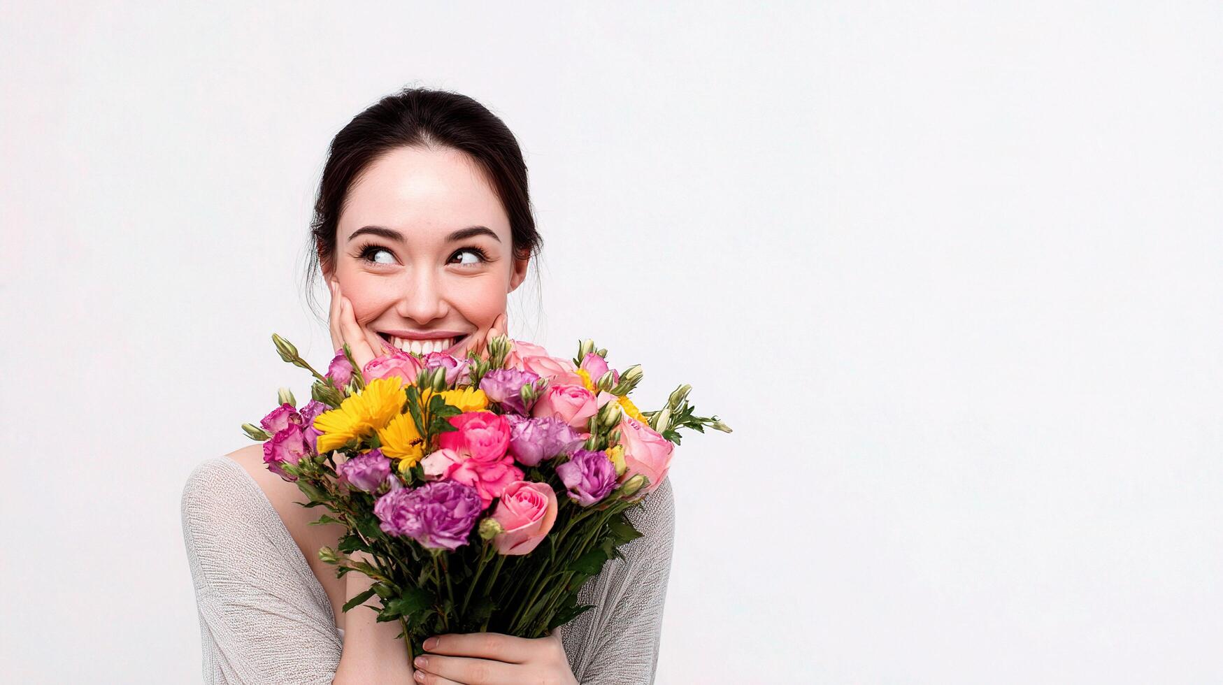 A woman is holding a bunch of flowers photo