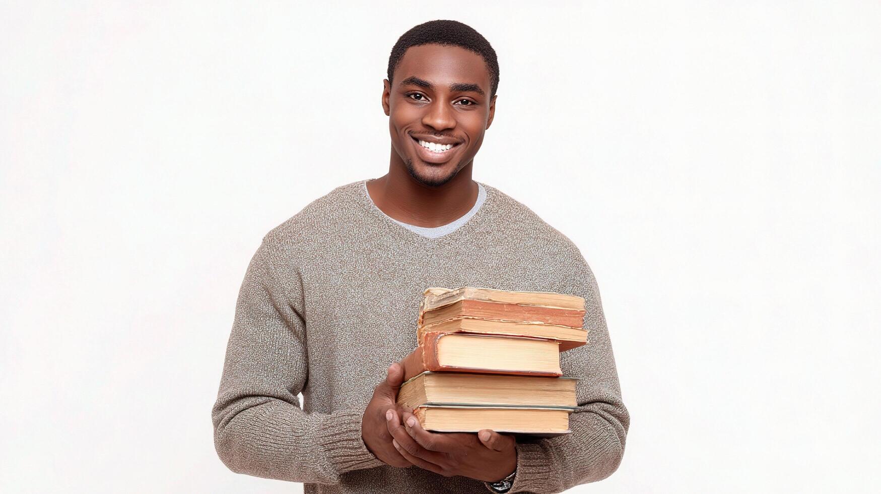 A young man holding a stack of books photo