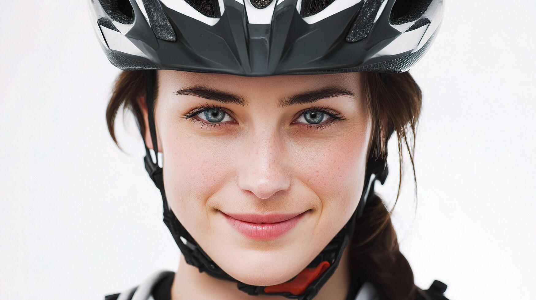 A woman wearing a helmet and smiling photo