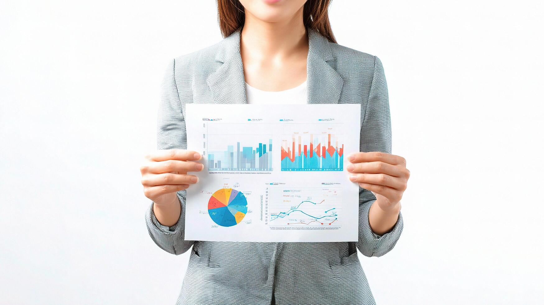 A woman in a business suit holding a paper with graphs and charts photo