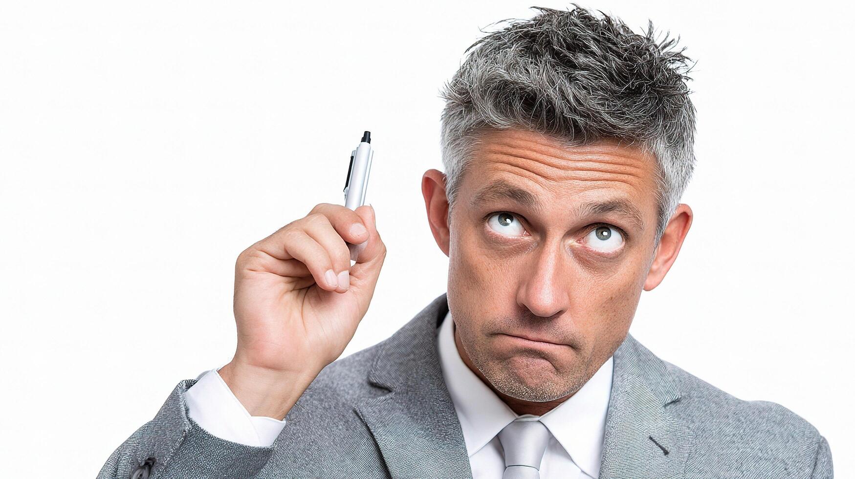 A man in a suit and tie holding a pen photo