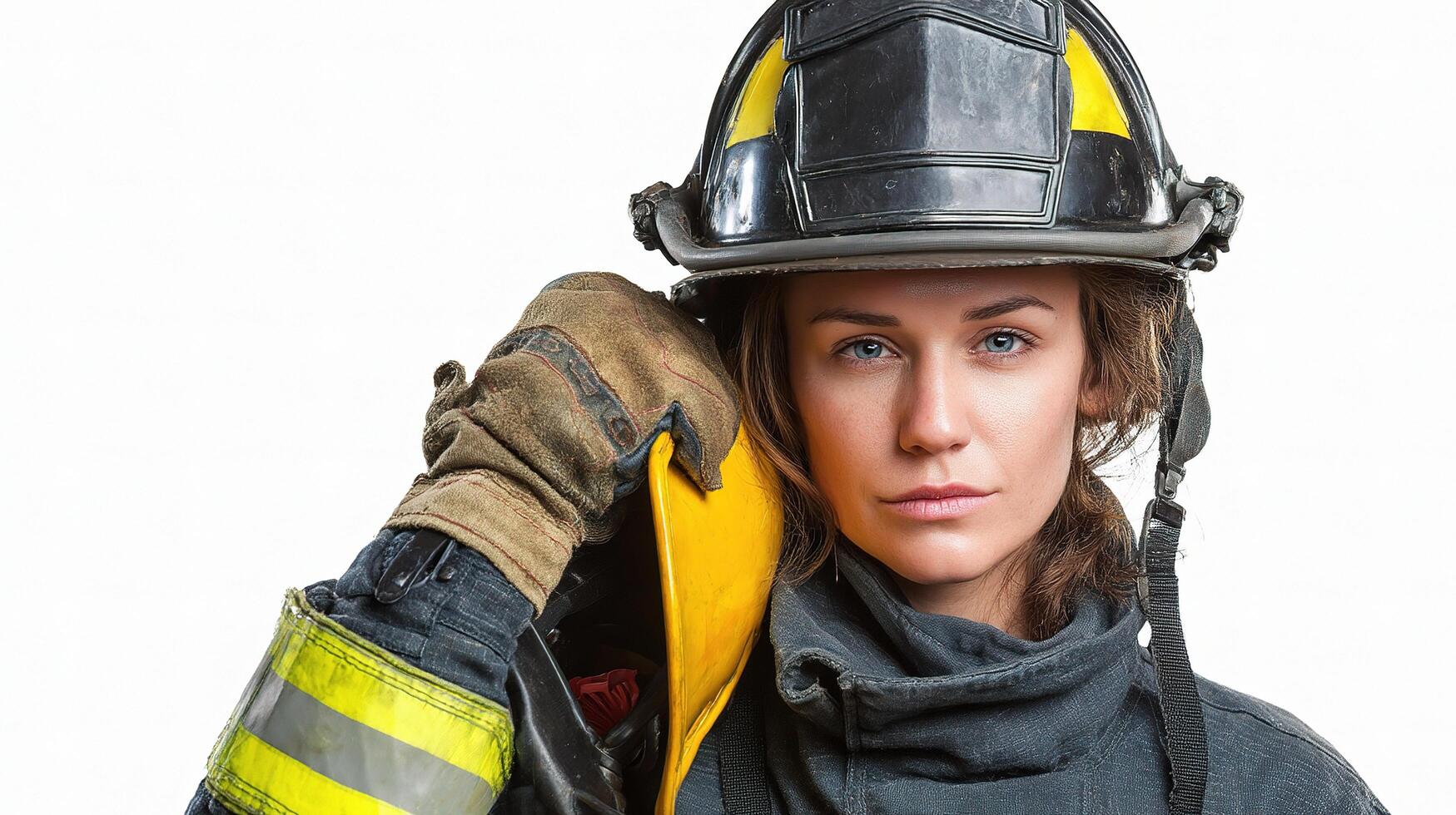 A woman in a firefighter uniform holding a yellow helmet photo