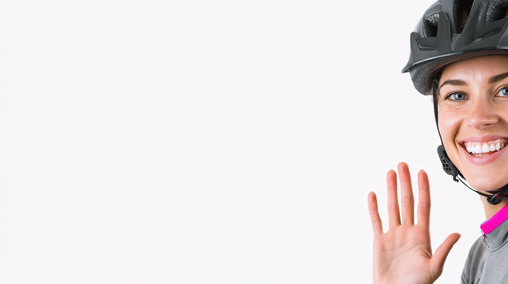 A woman wearing a helmet and holding her hand up photo