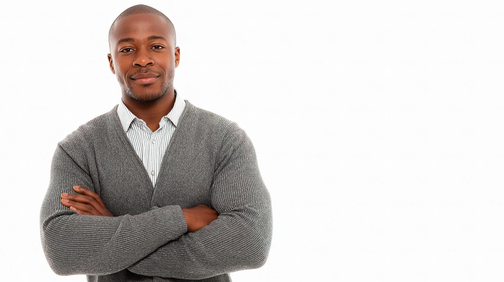 A man in a sweater and tie standing with his arms crossed photo