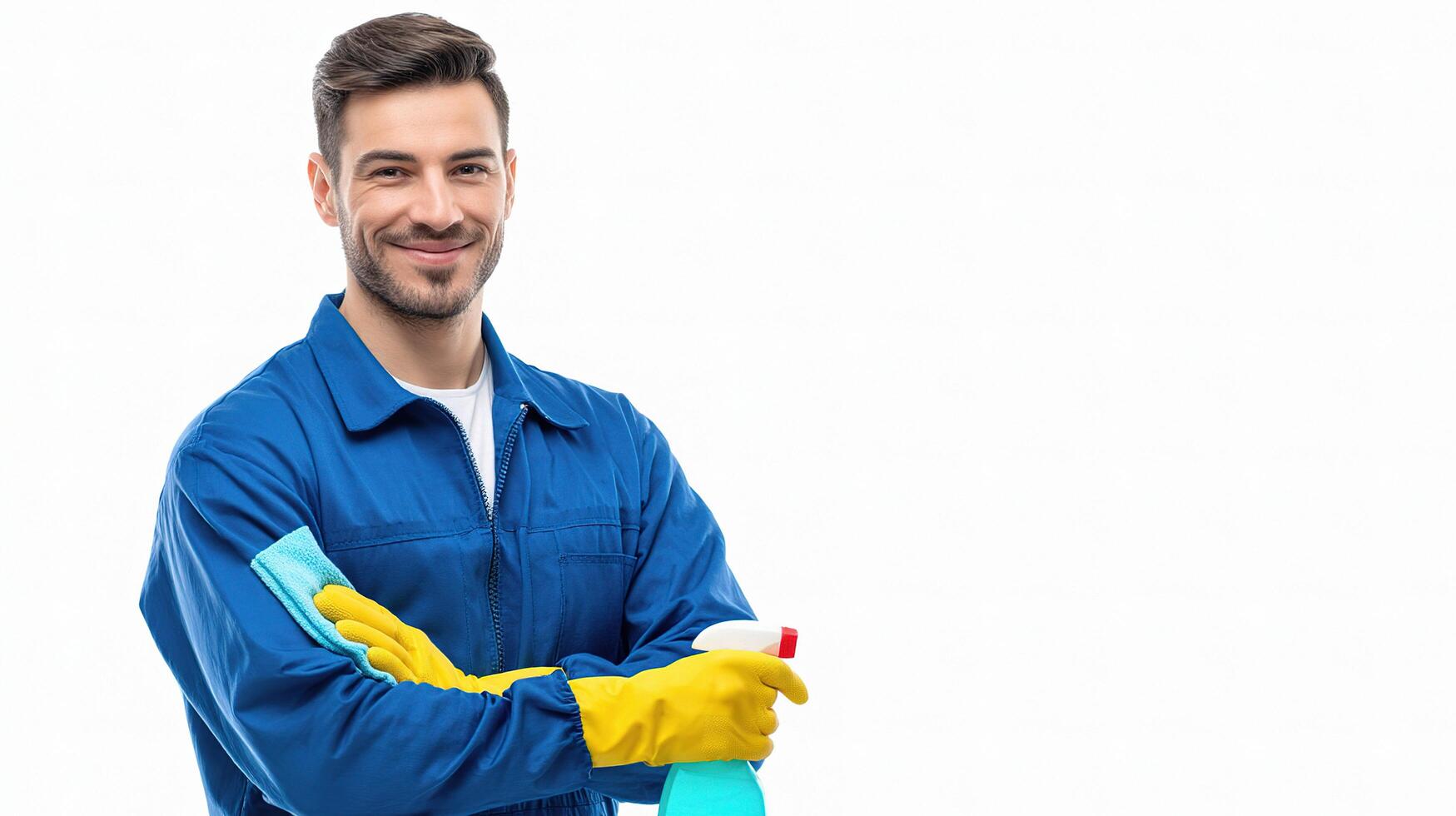 A man in blue overalls holding a cleaning product photo