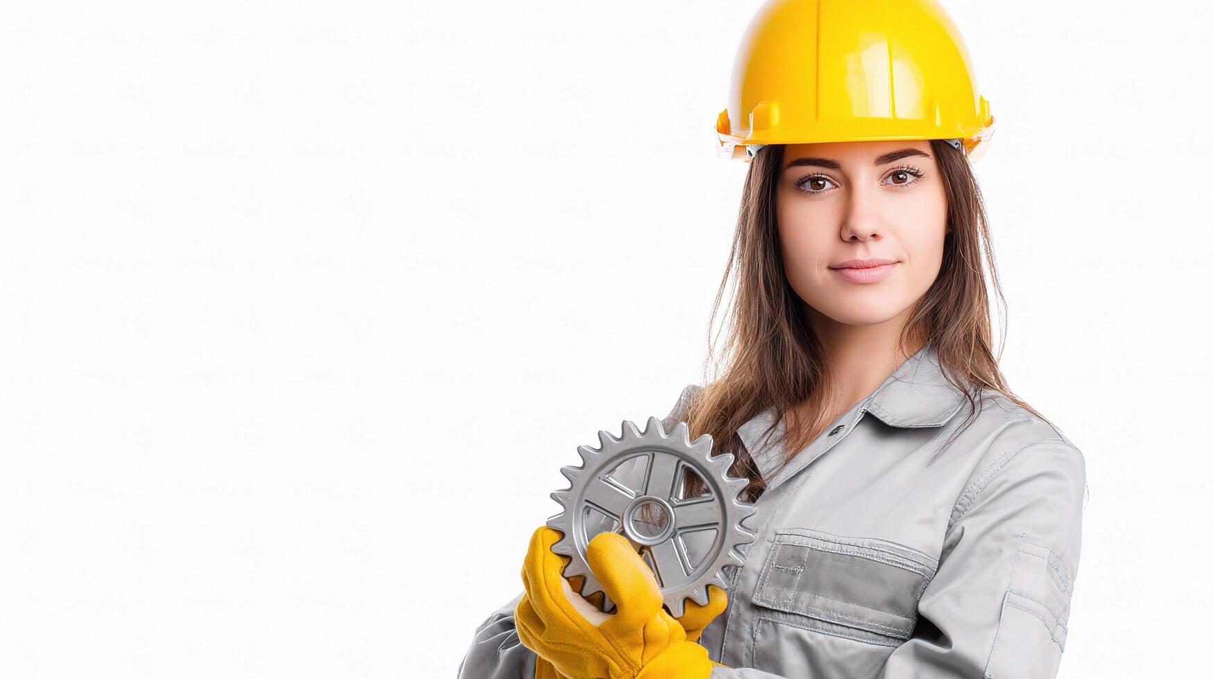 A woman in a hard hat holding a gear wheel photo