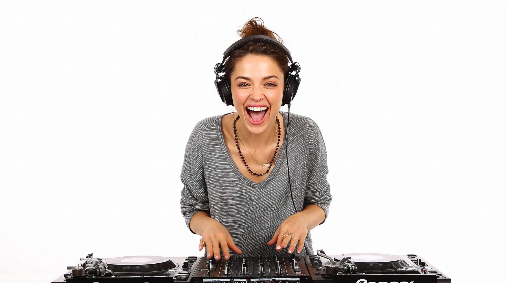 A woman is smiling while playing a dj set photo