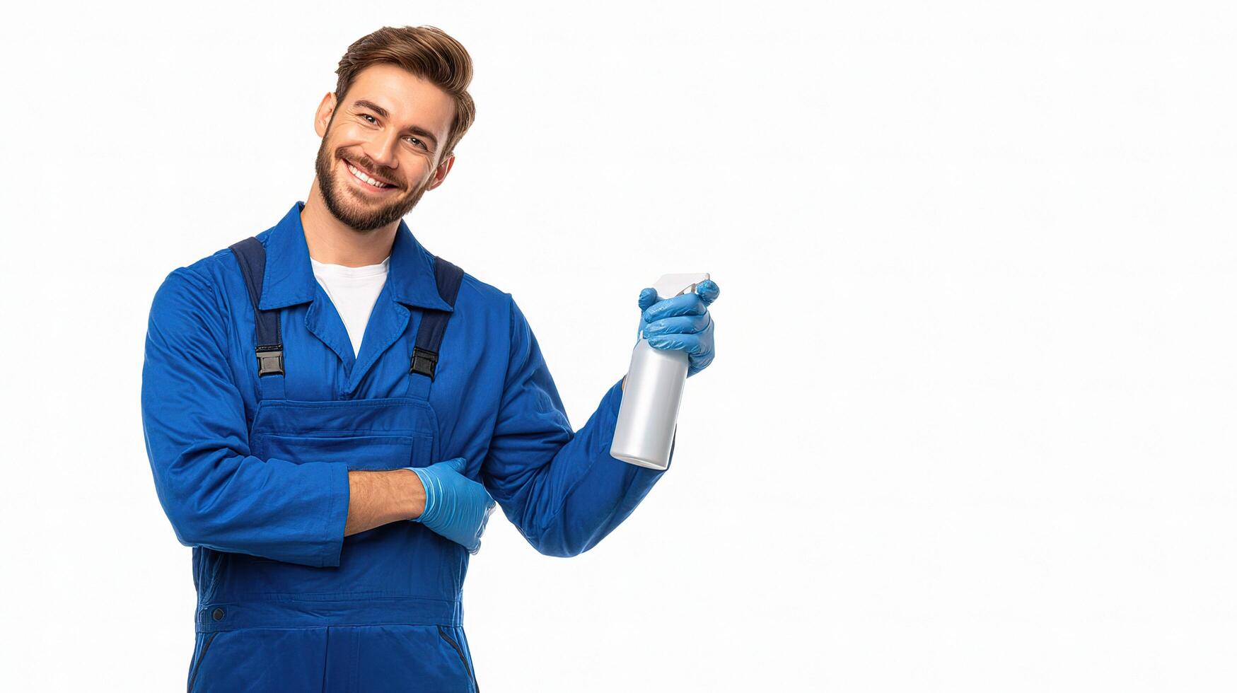 A man in blue overalls holding a spray bottle photo