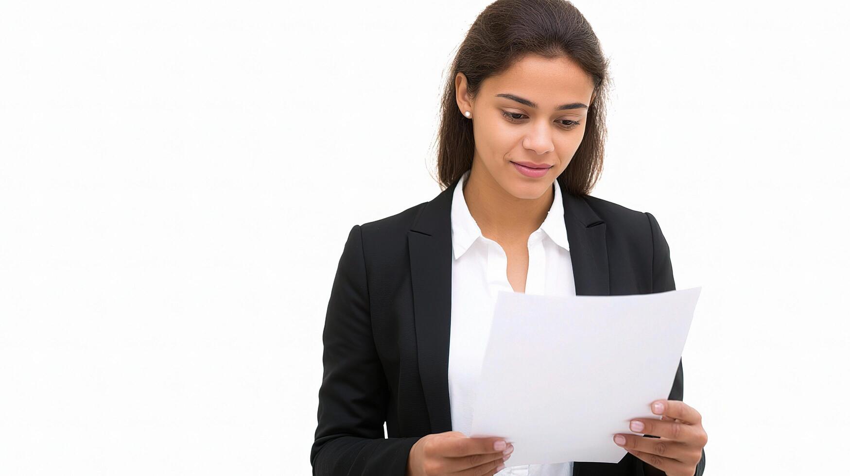 Female HR Manager Reviewing Resume in Isolated White Background photo