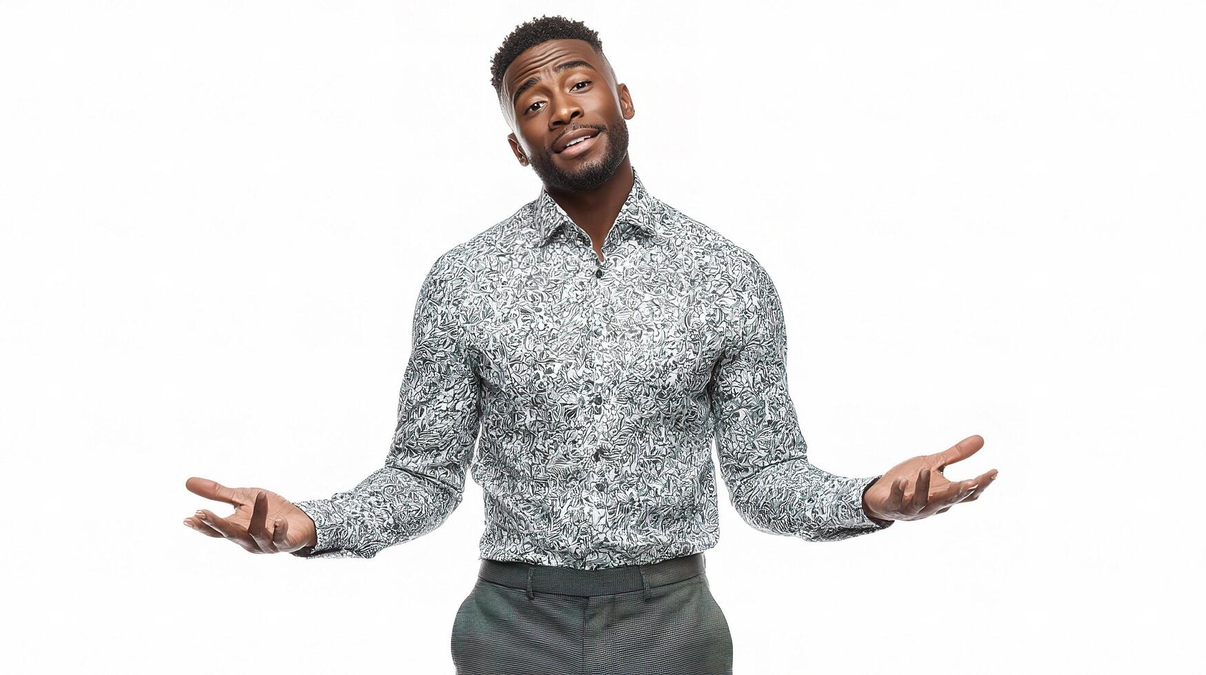 Entrepreneur in Stylish Patterned Dress Shirt and Slacks, Confident Pose photo