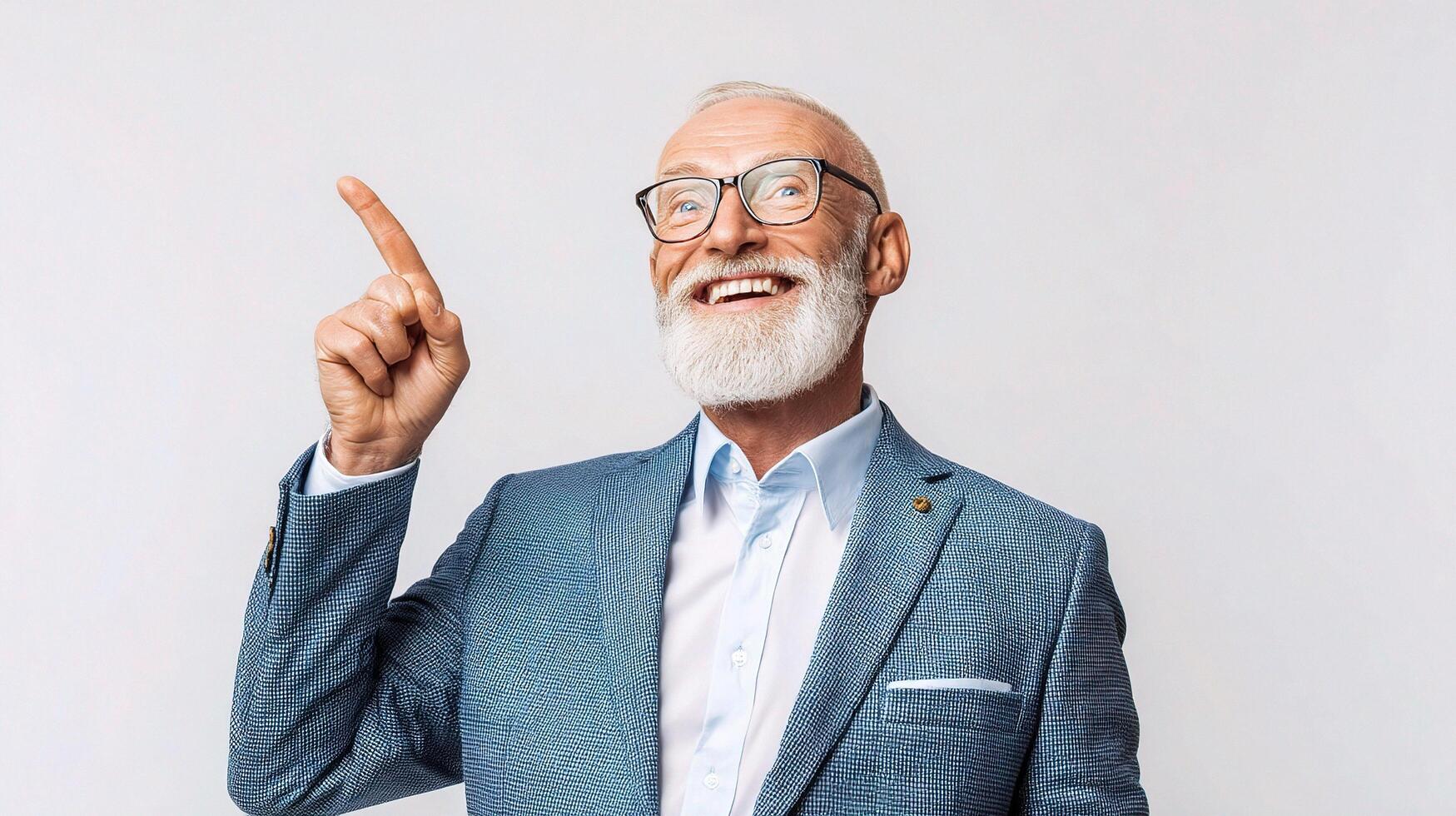 An old man with a beard and glasses pointing up photo