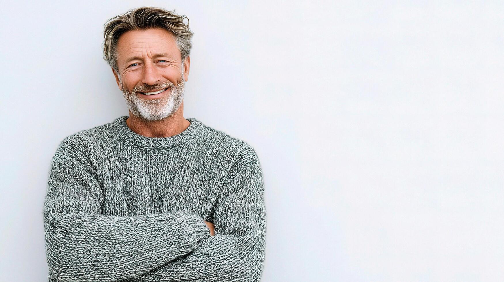 A man with a gray beard and sweater standing in front of a white wall photo