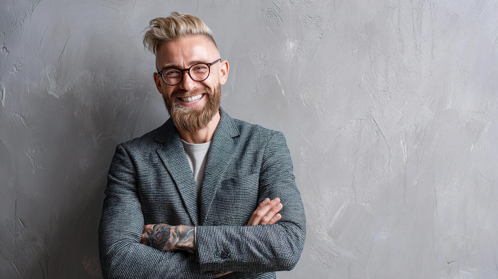 A man with a beard and glasses standing in front of a gray wall photo