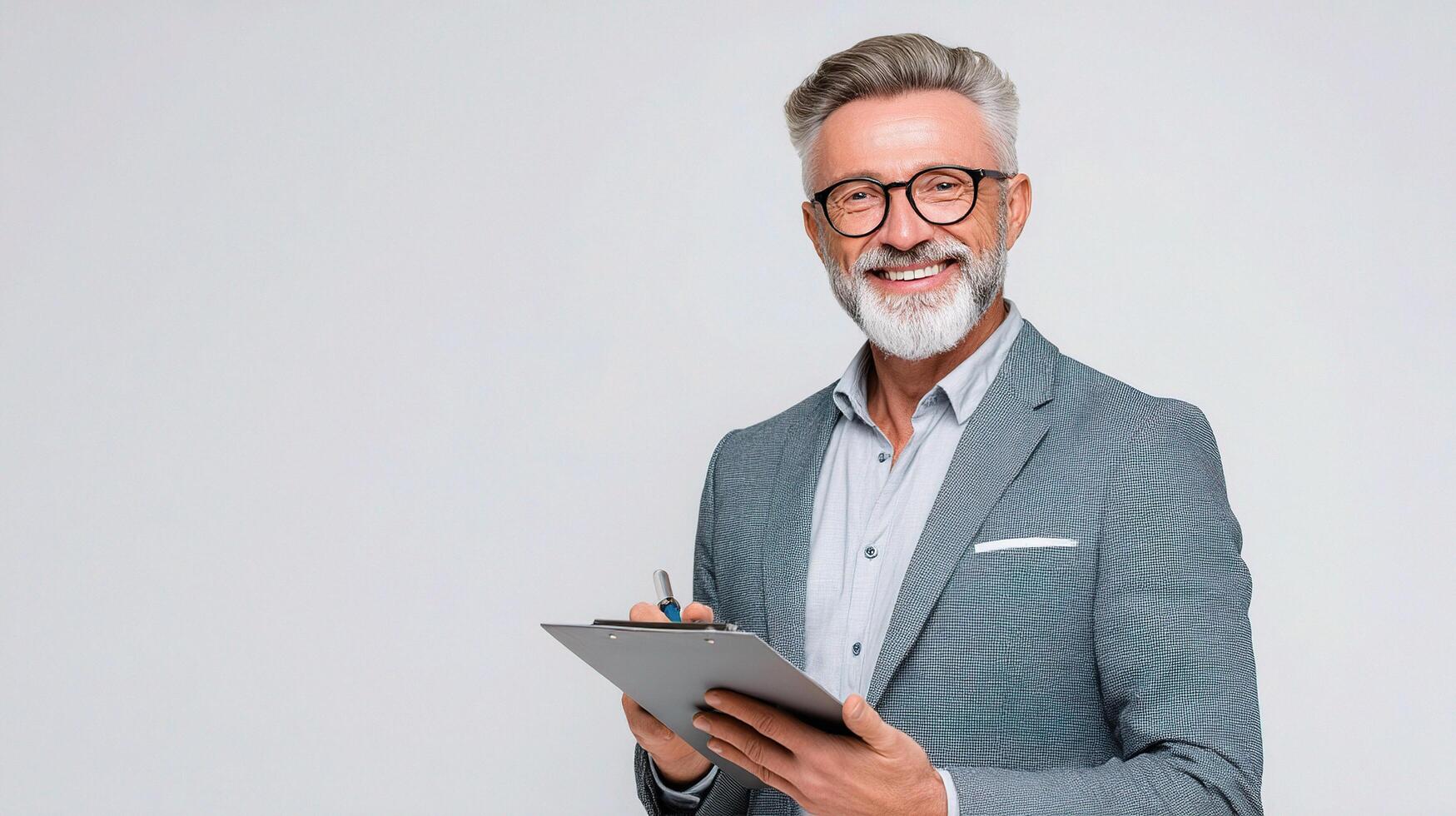 A man with a beard and glasses is holding a clipboard photo