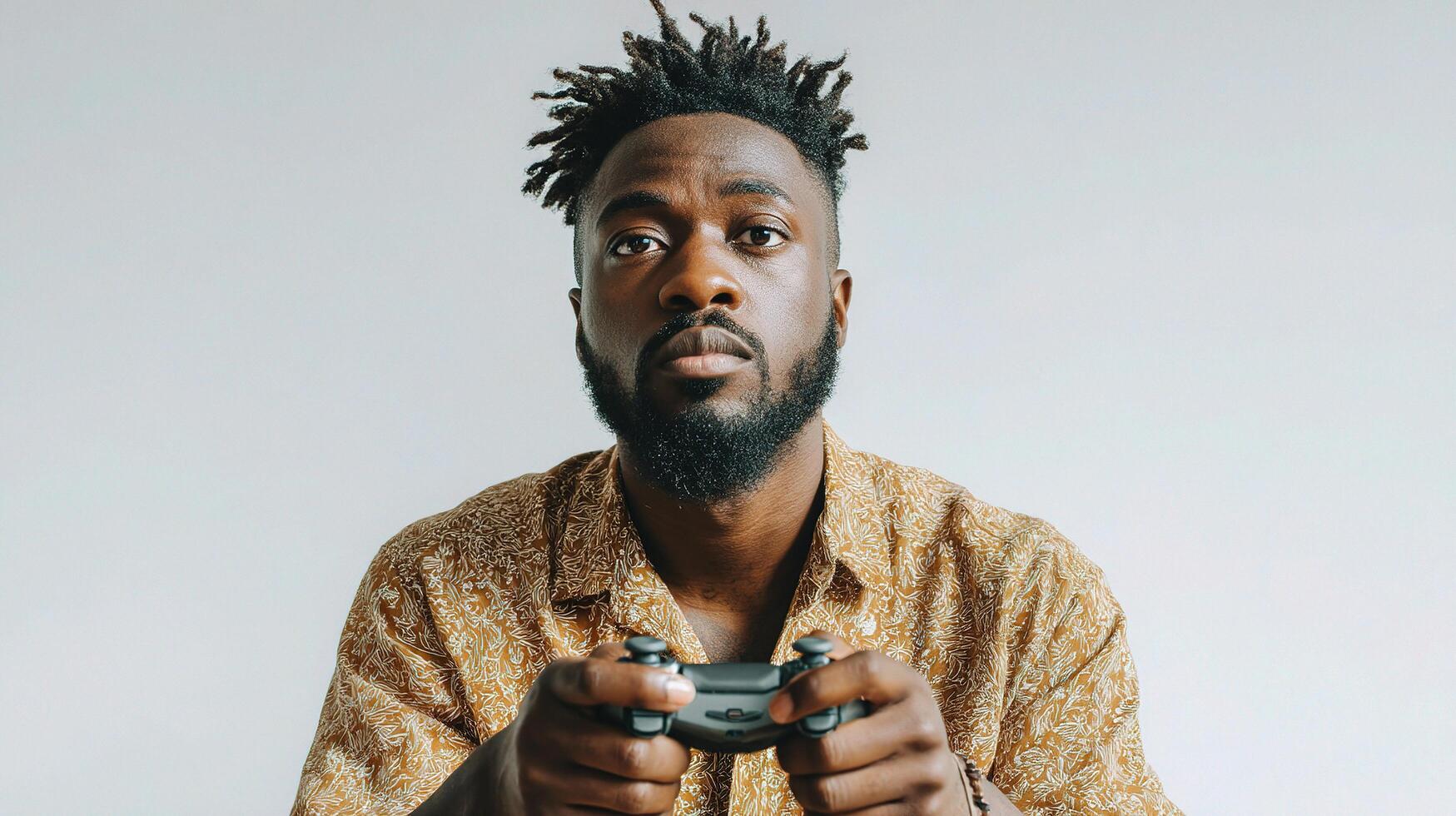 A man with dreadlocks holding a game controller photo