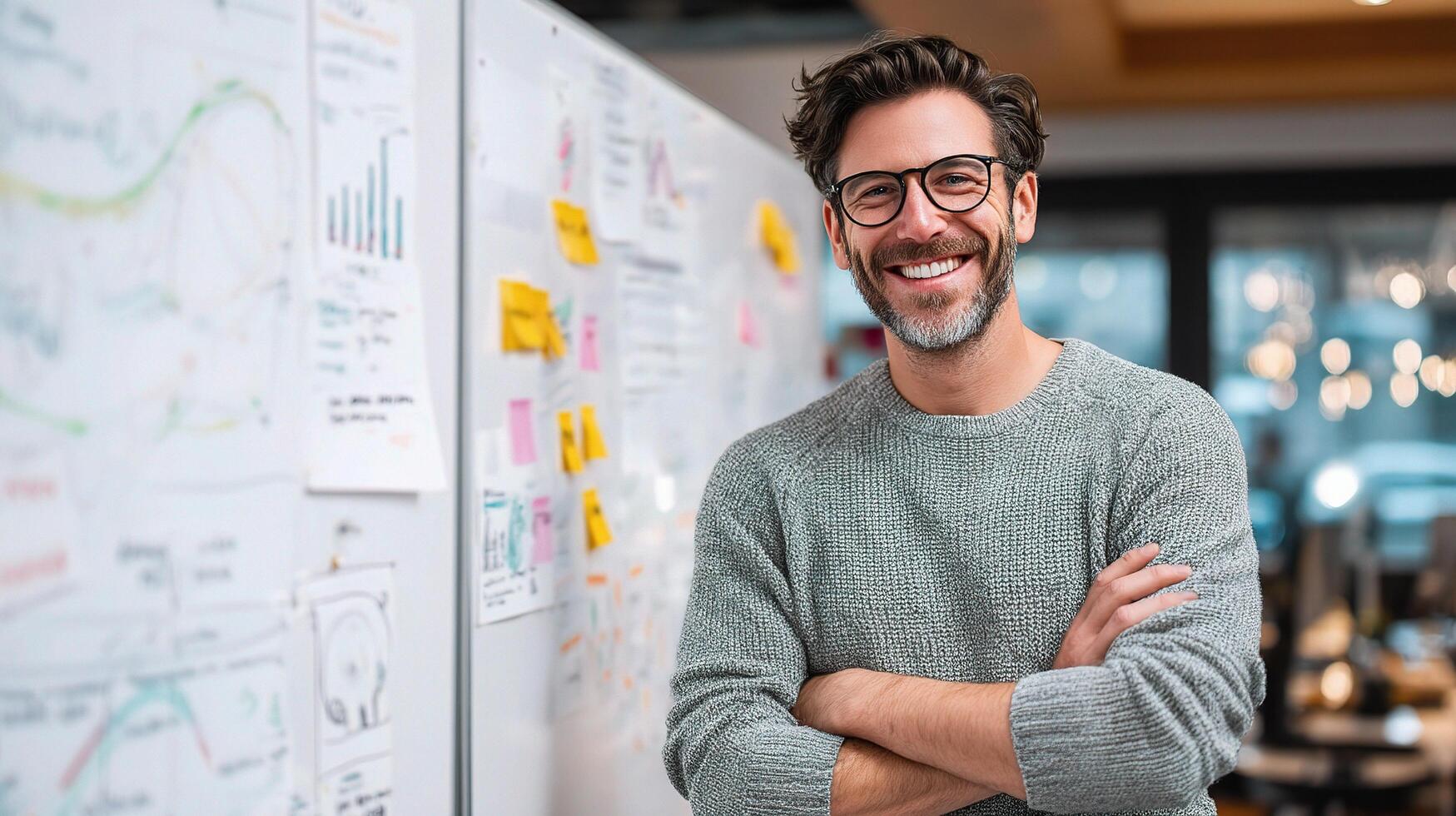 A man with glasses and a sweater standing in front of a white board photo