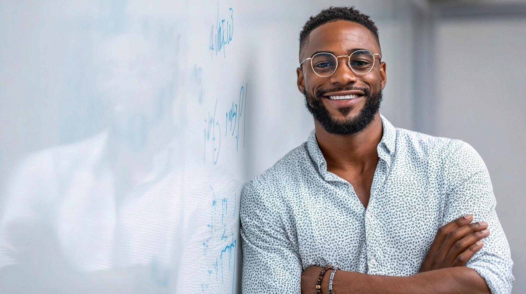 A smiling black man in glasses standing in front of a whiteboard photo