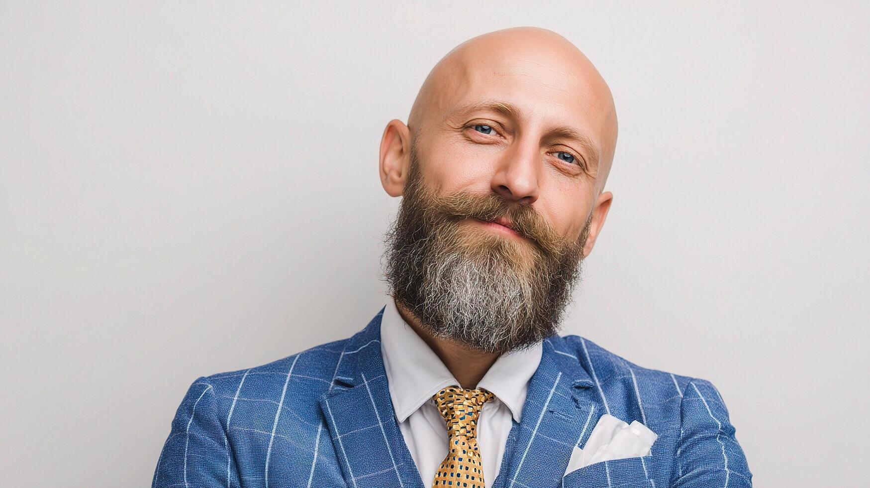 A bald man with a beard and a suit photo