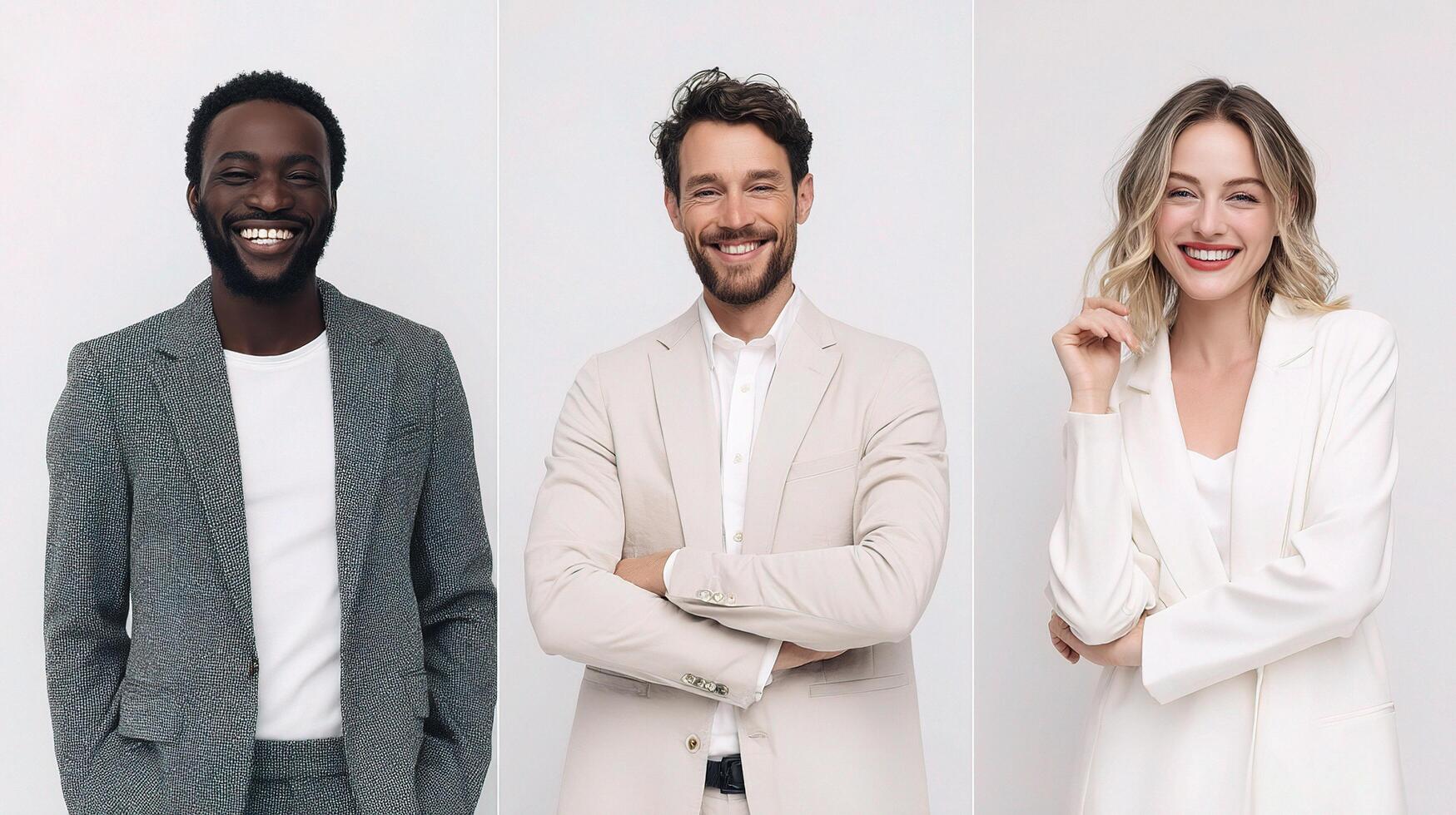 Three smiling business people standing in front of a white background photo