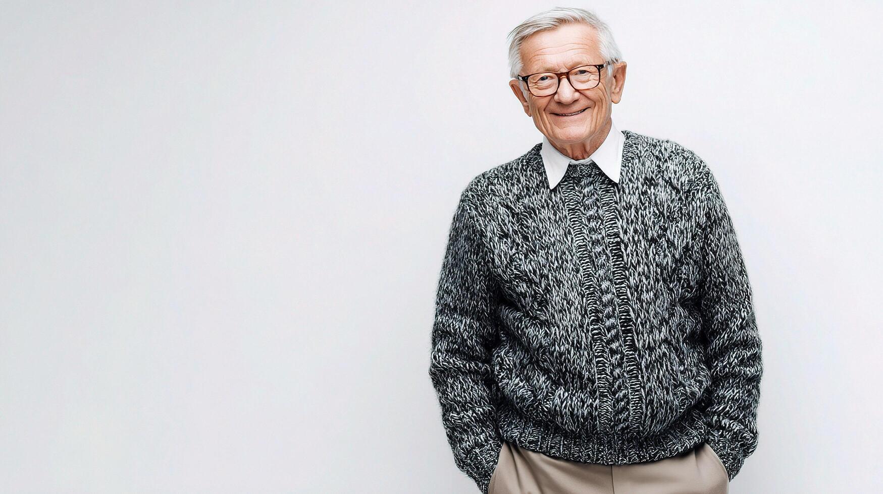 An older man in a sweater and glasses photo
