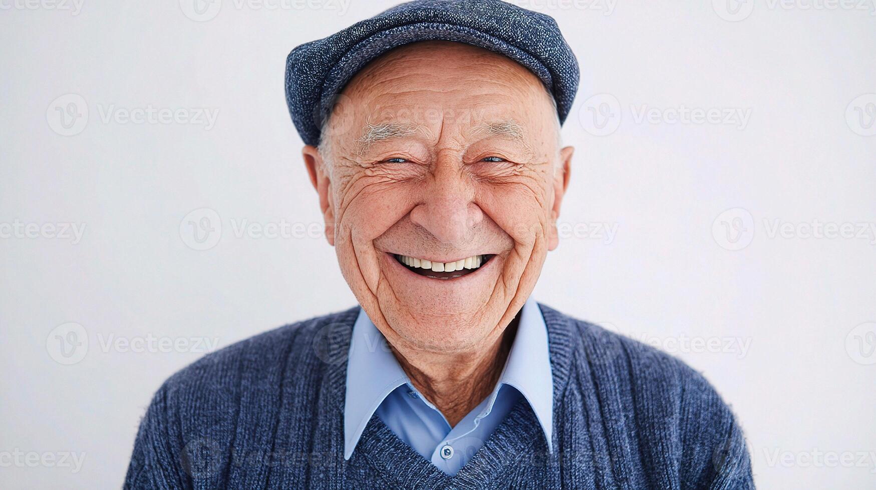 An older man is smiling and wearing a hat photo