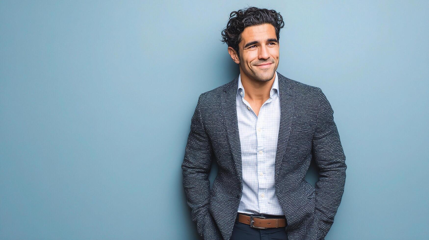 A man in a suit is standing in front of a blue wall photo