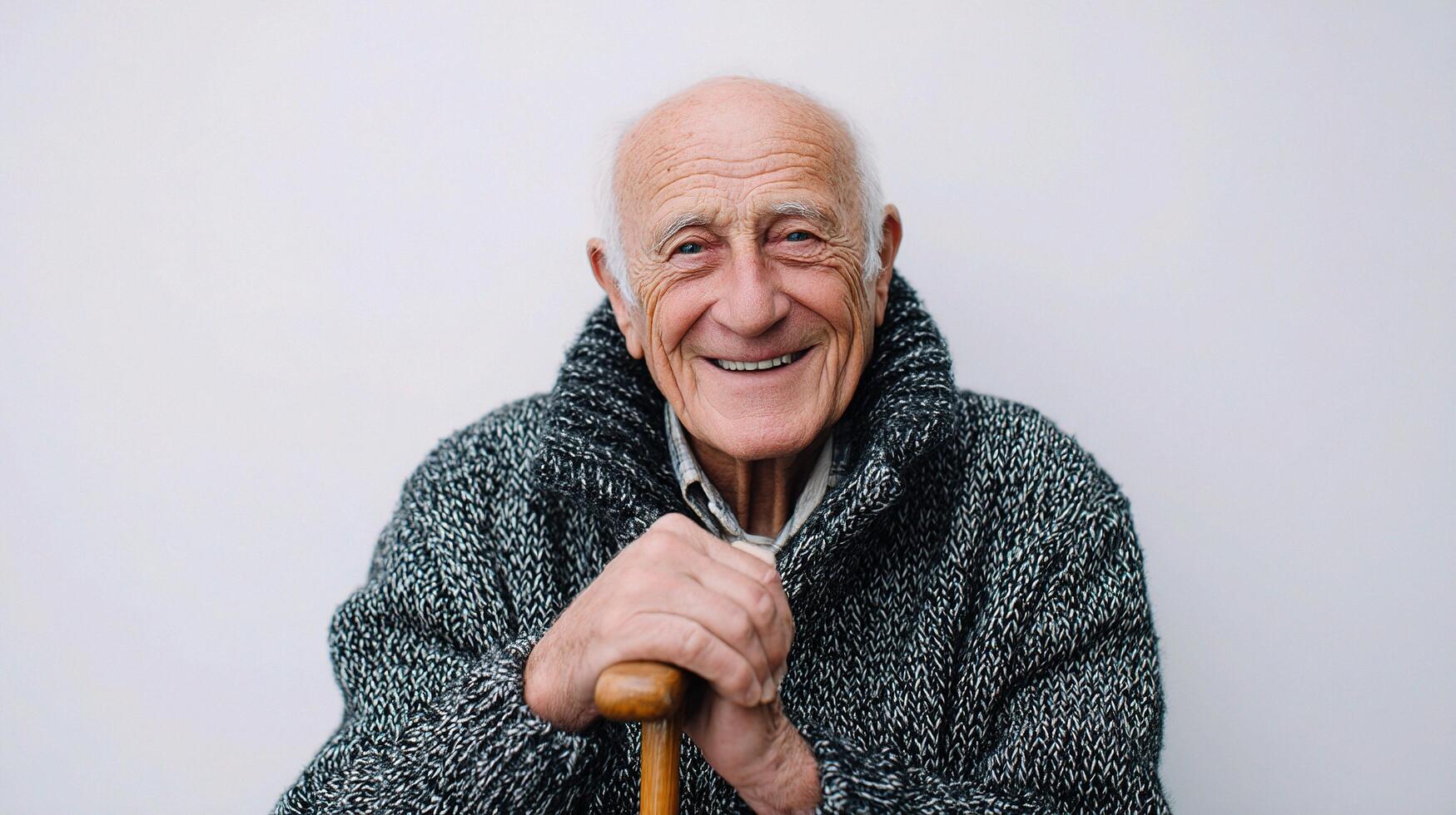 An older man with a cane smiling photo