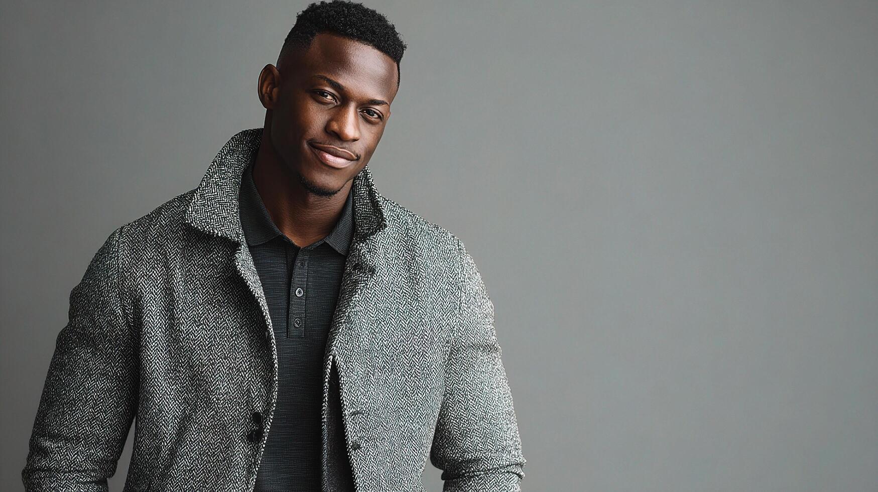 A man in a gray jacket and black shirt photo
