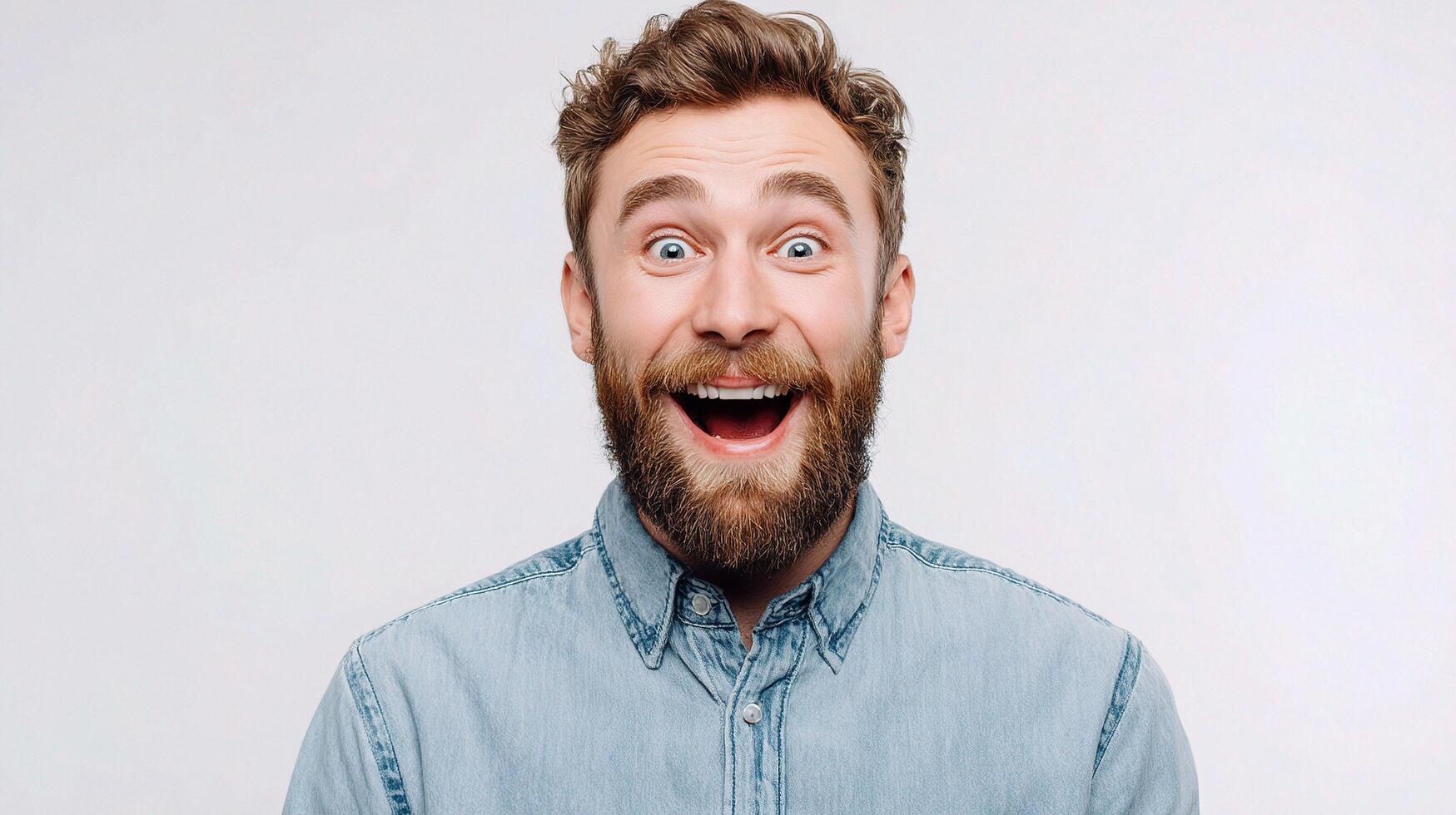 A man with a beard and a blue shirt is making a surprised face photo