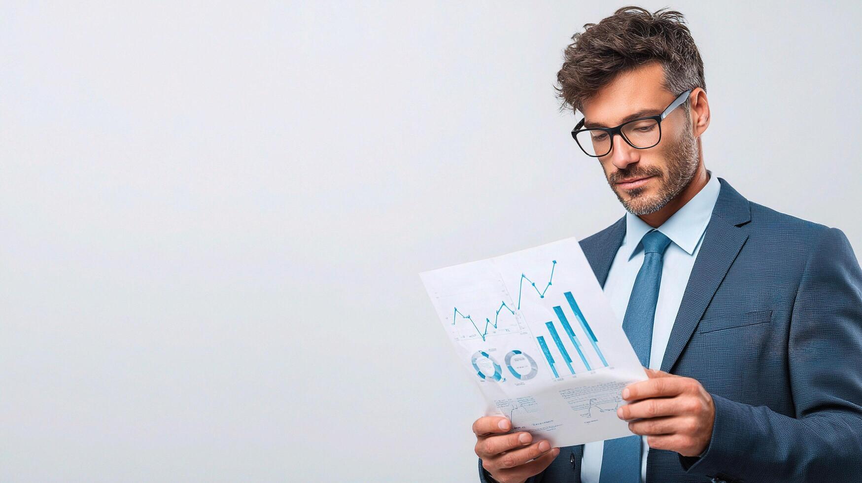 Businessman in suit holding paper with graphs on it photo