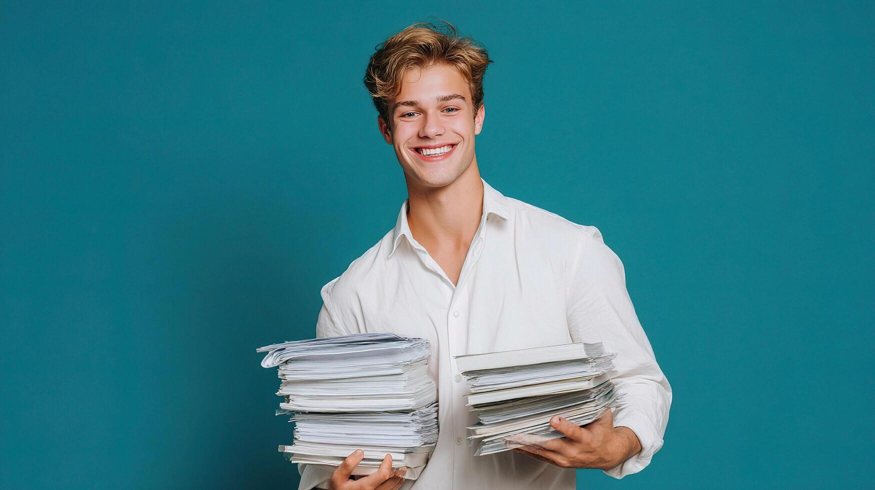 A man holding a stack of papers photo