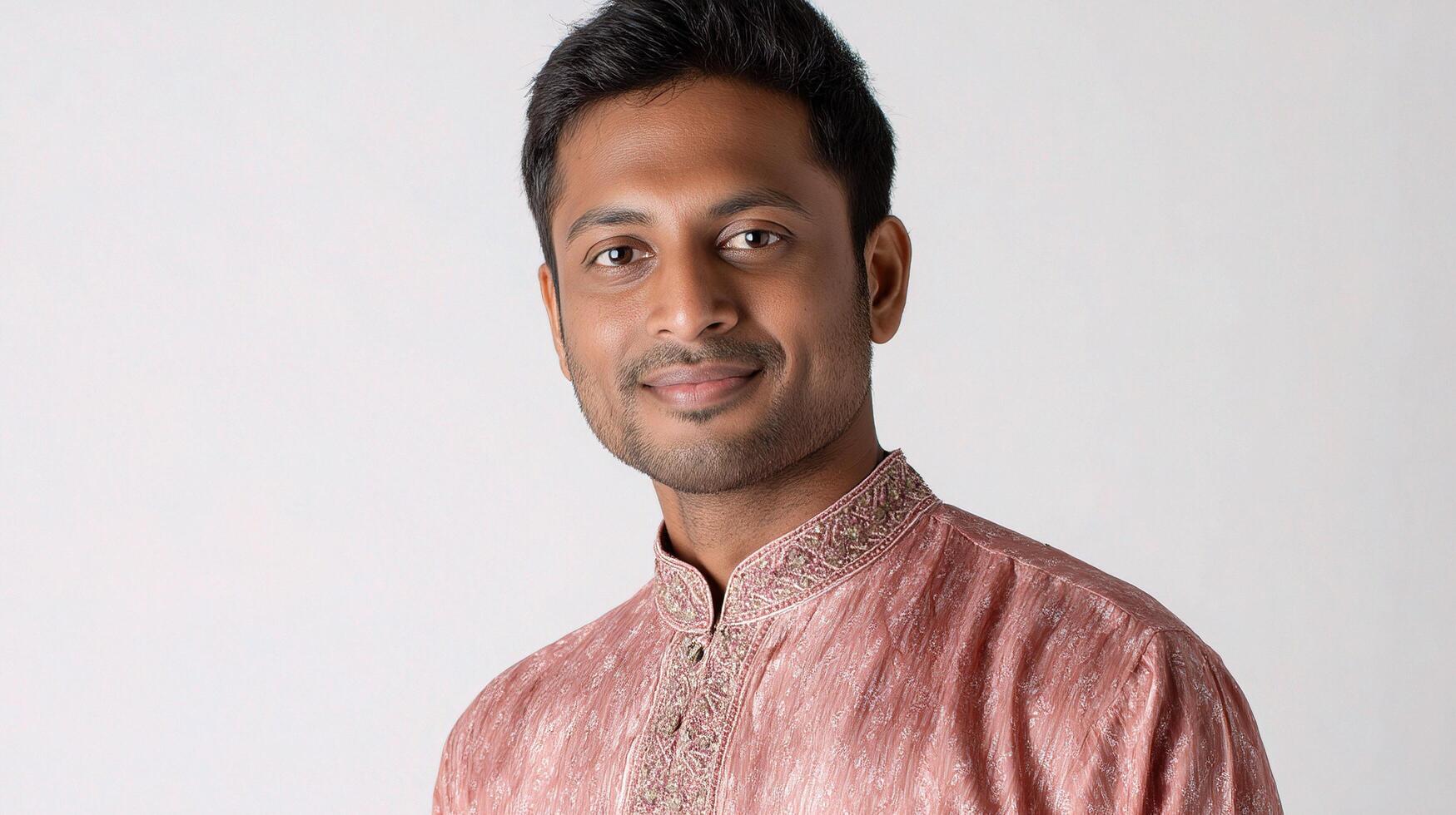 A man in a pink shirt and brown pants photo
