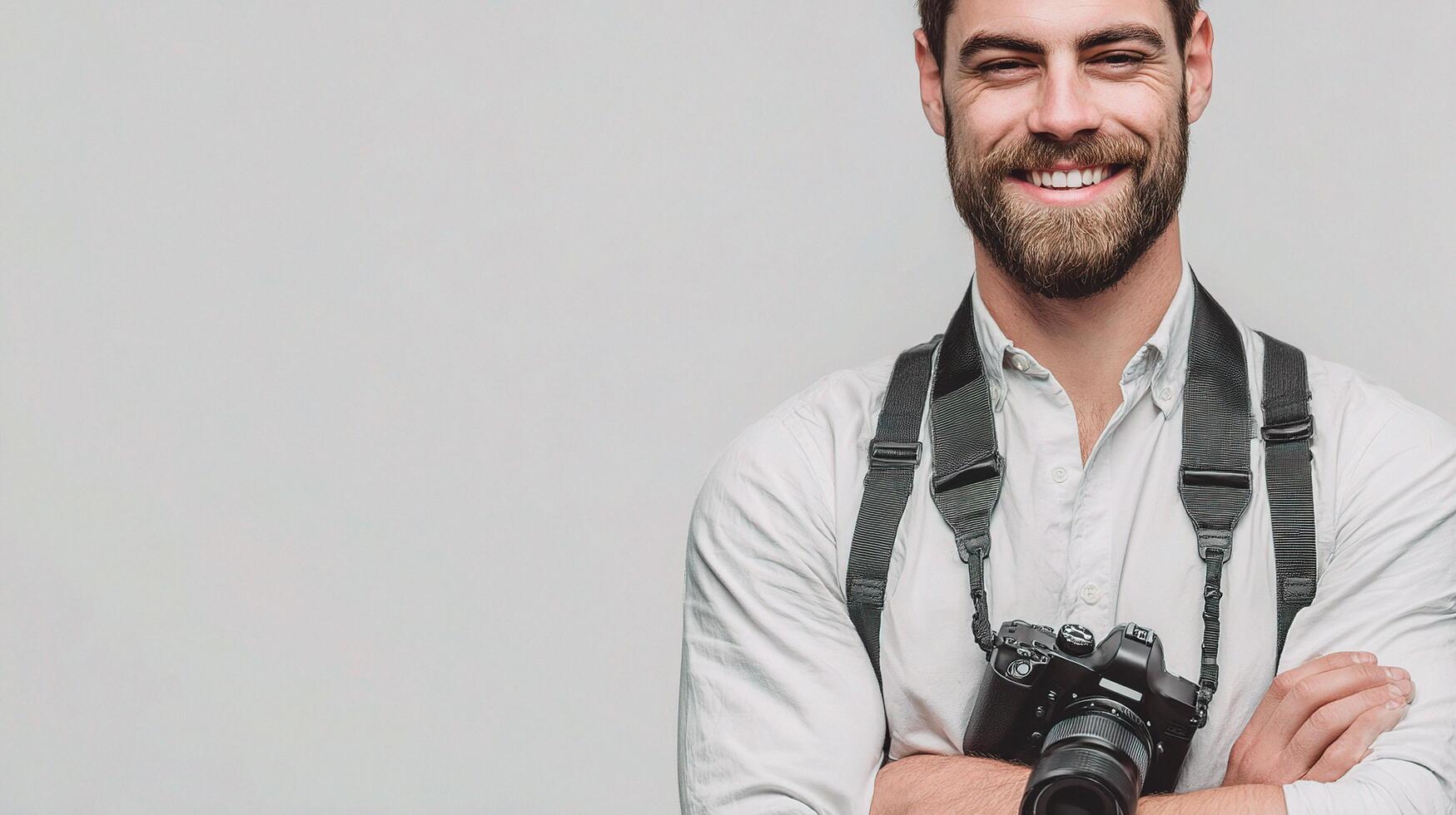 A man with a beard and camera standing in front of a white background photo