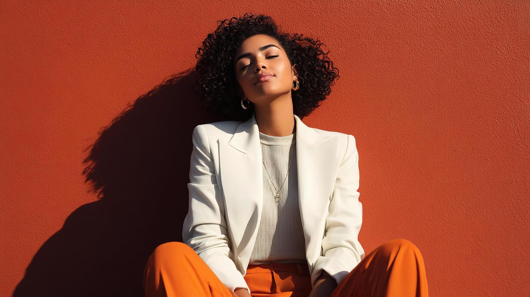 A woman with curly hair sitting on a wall photo