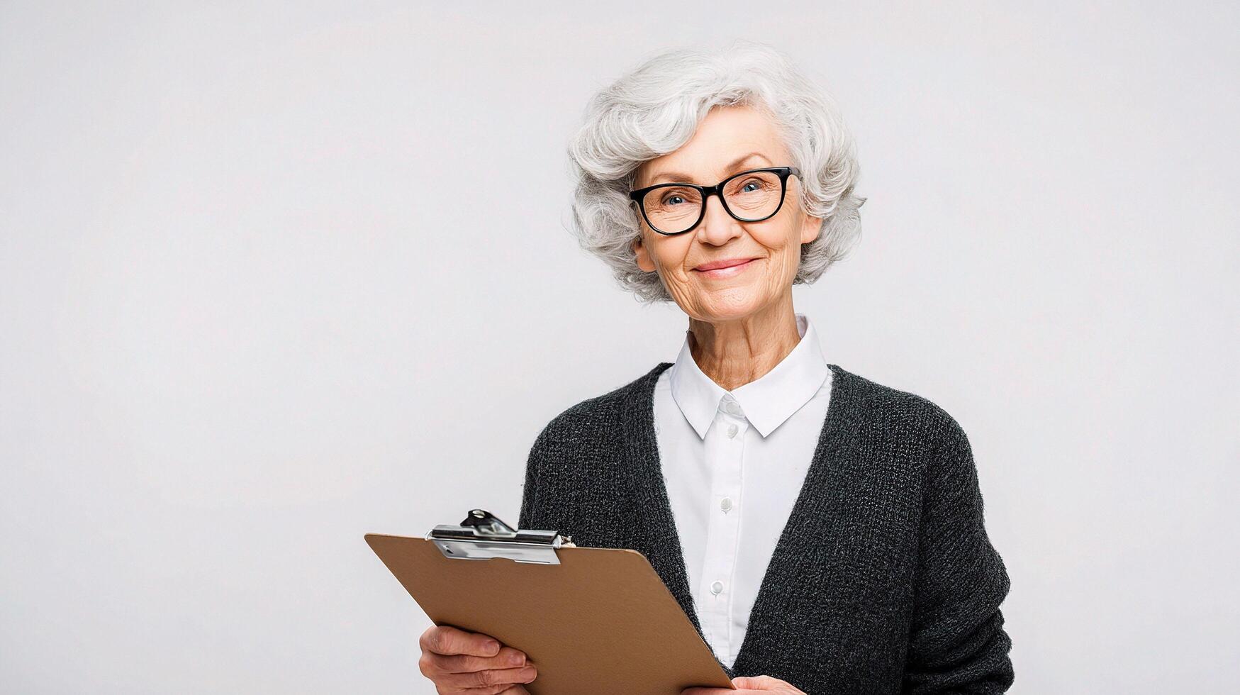 An elderly woman with glasses holding a clipboard photo