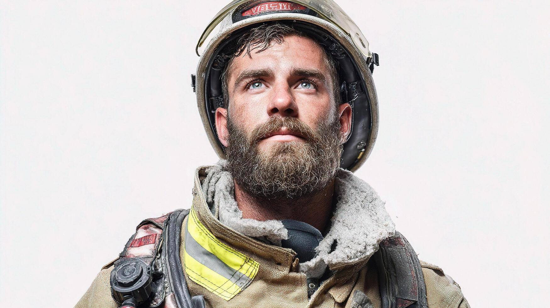 A man with a beard and a fireman's helmet photo