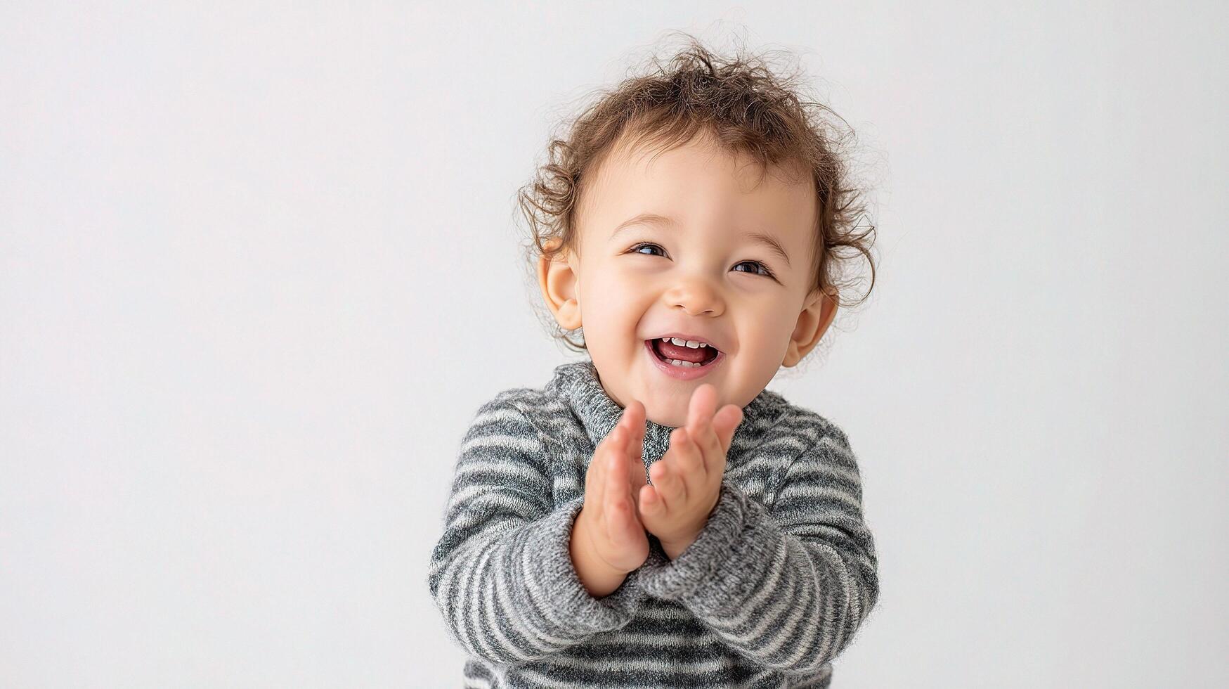 A baby is smiling and clapping his hands photo