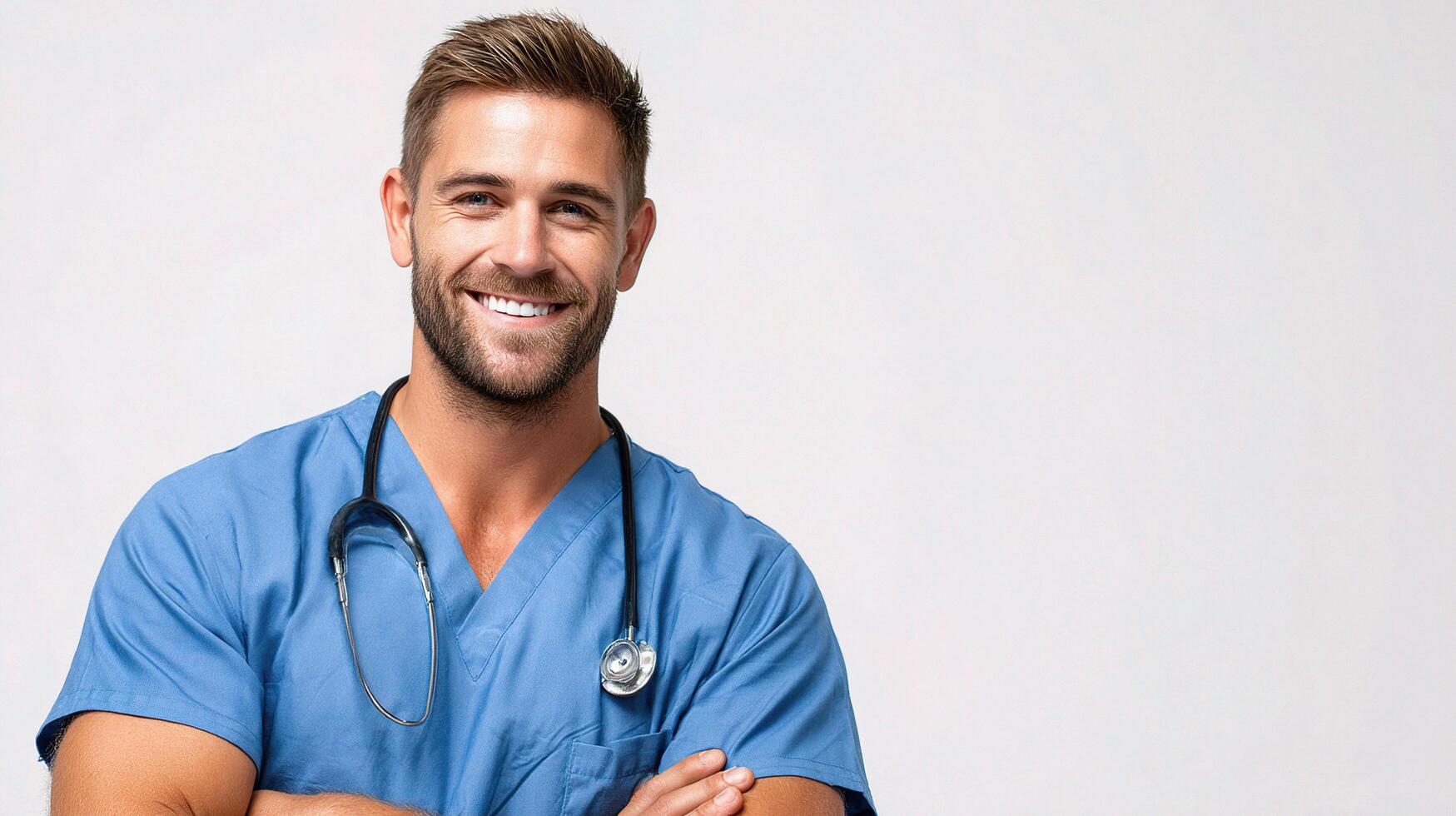 A smiling male doctor in scrubs photo