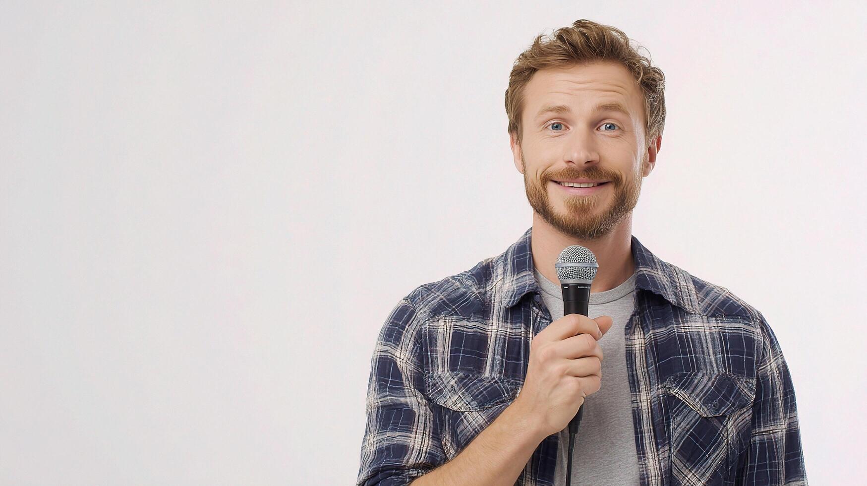 A man with a beard and a plaid shirt holding a microphone photo
