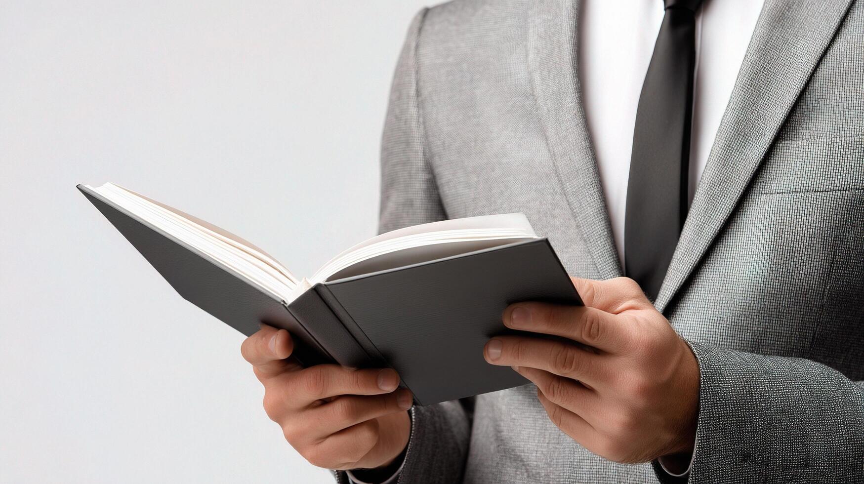 A man in a suit is holding an open book photo